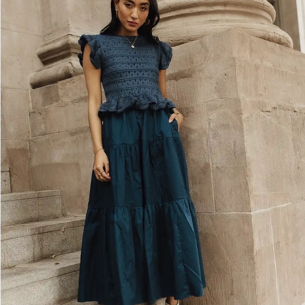 Bohme Carey Maxi Dress Teal Blue Small Knit Tiered Cottagecore Romantic Chic